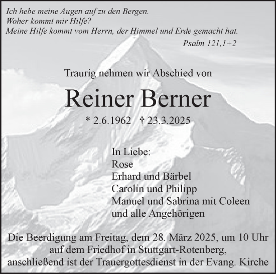 Traueranzeige von Reiner Berner von Stuttgarter Zeitung / Stuttgarter Nachrichten