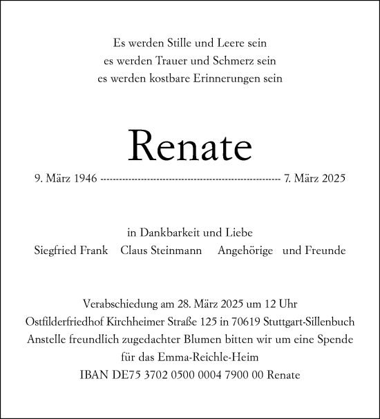 Traueranzeige von Renate  von Stuttgarter Zeitung / Stuttgarter Nachrichten