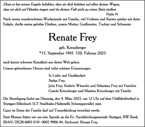 Traueranzeige von Renate Frey von Stuttgarter Zeitung / Stuttgarter Nachrichten