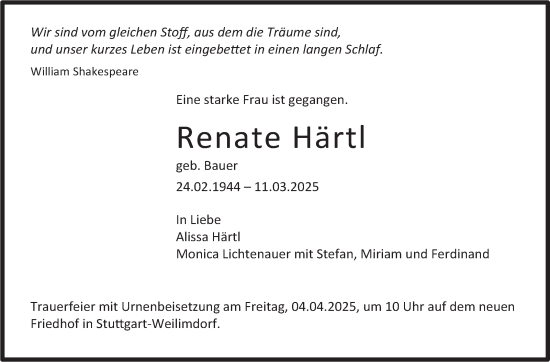 Traueranzeige von Renate Härtl von Stuttgarter Zeitung / Stuttgarter Nachrichten