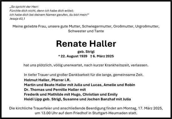 Traueranzeige von Renate Haller von Stuttgarter Zeitung / Stuttgarter Nachrichten