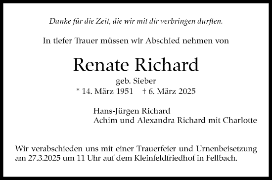 Traueranzeige von Renate Richard von Stuttgarter Zeitung / Stuttgarter Nachrichten