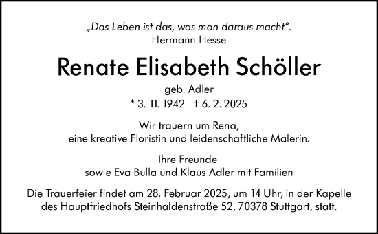 Traueranzeige von Renate Elisabeth Schöller von Stuttgarter Zeitung / Stuttgarter Nachrichten