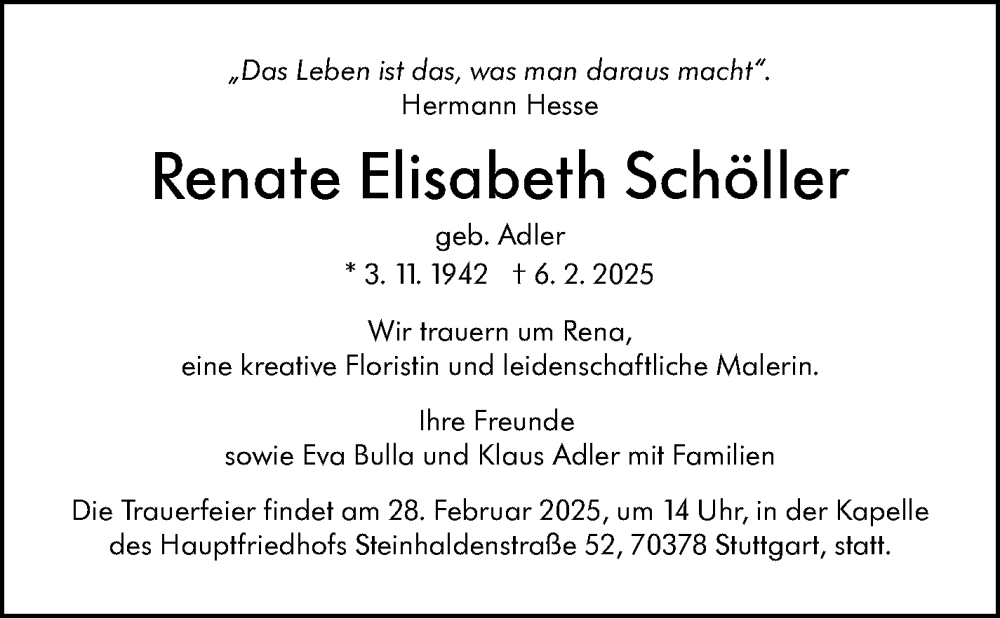  Traueranzeige für Renate Elisabeth Schöller vom 22.02.2025 aus Stuttgarter Zeitung / Stuttgarter Nachrichten