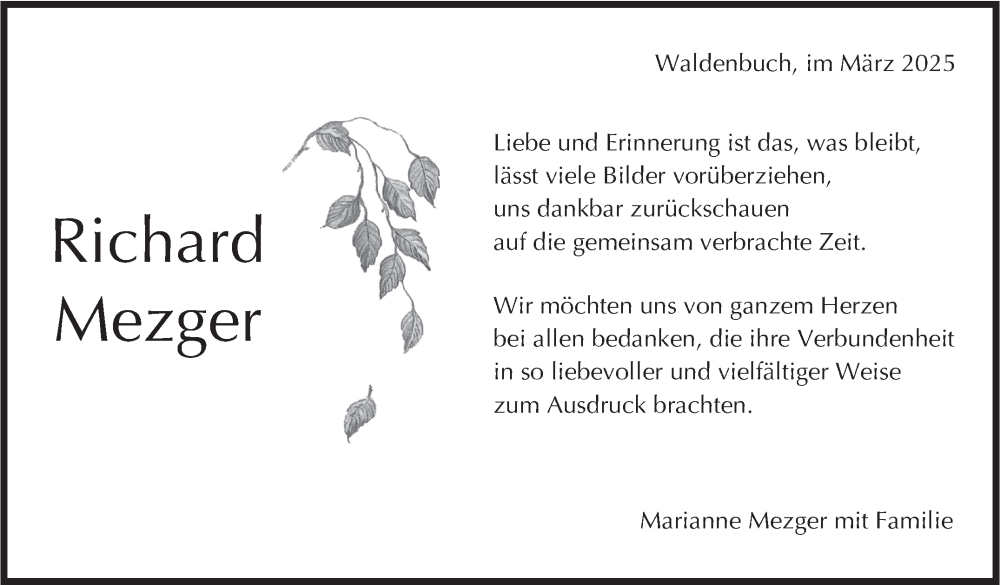  Traueranzeige für Richard Mezger vom 28.03.2025 aus Stuttgarter Zeitung / Stuttgarter Nachrichten