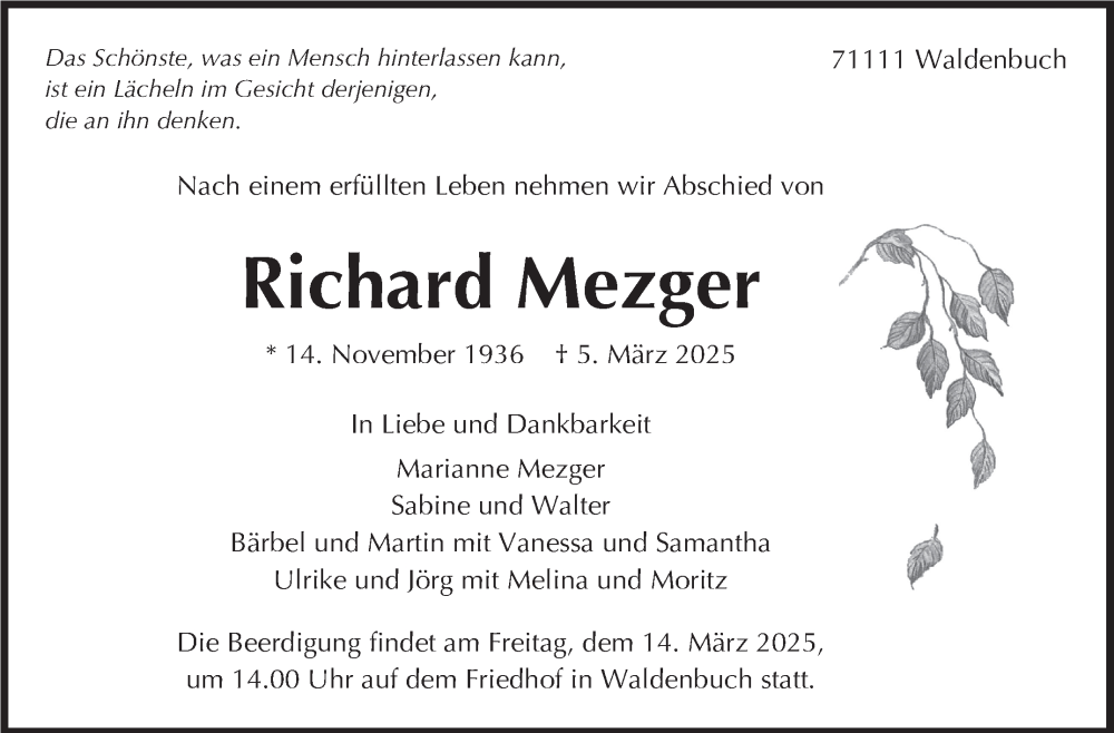 Traueranzeige für Richard Mezger vom 10.03.2025 aus Stuttgarter Zeitung / Stuttgarter Nachrichten