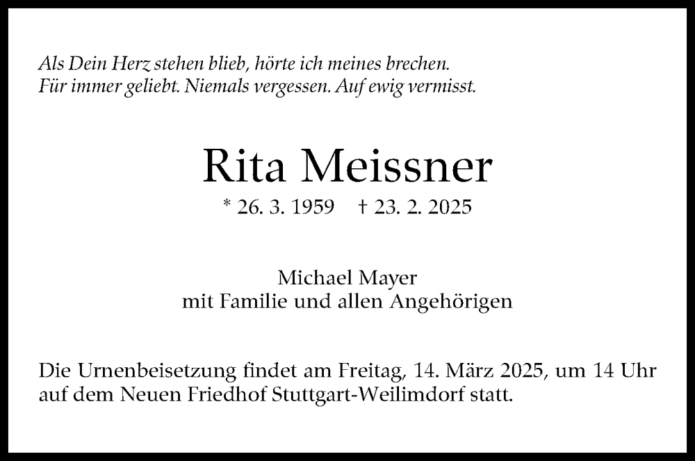  Traueranzeige für Rita Meissner vom 01.03.2025 aus Stuttgarter Zeitung / Stuttgarter Nachrichten