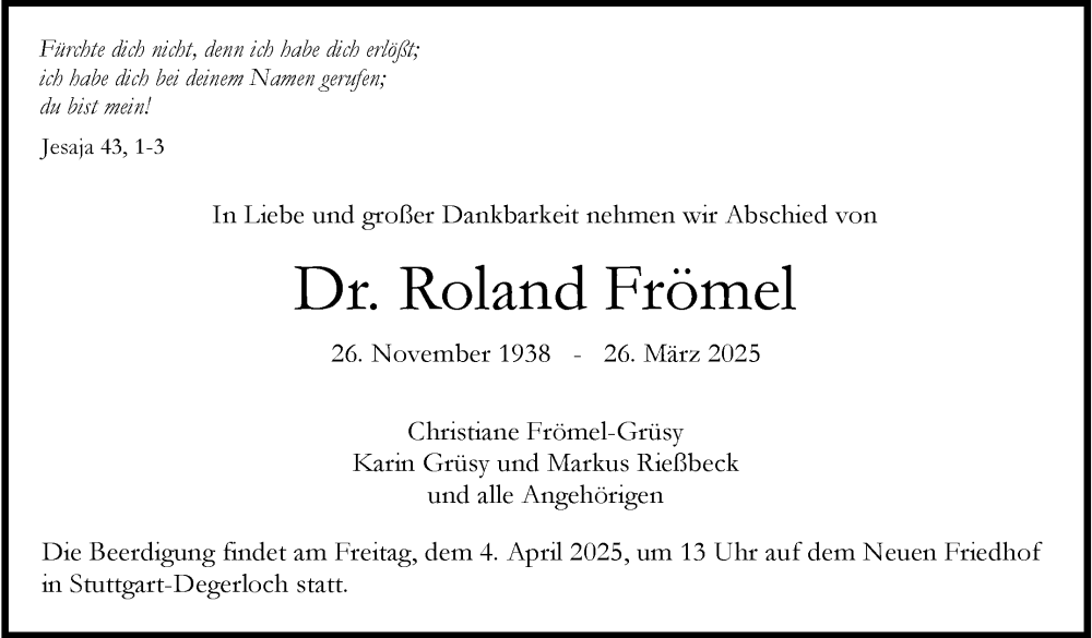  Traueranzeige für Roland Frömel vom 31.03.2025 aus Stuttgarter Zeitung / Stuttgarter Nachrichten