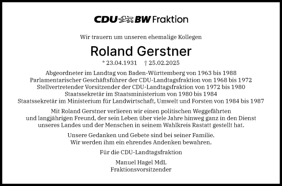 Traueranzeige von Roland Gerstner von Stuttgarter Zeitung / Stuttgarter Nachrichten