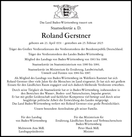 Traueranzeige von Roland Gerstner von Stuttgarter Zeitung / Stuttgarter Nachrichten