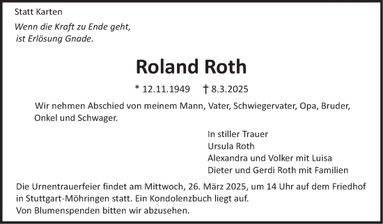 Traueranzeige von Roland Roth von Stuttgarter Zeitung / Stuttgarter Nachrichten