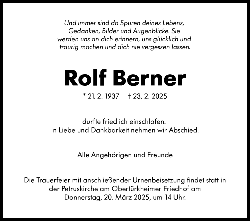  Traueranzeige für Rolf Berner vom 13.03.2025 aus Stuttgarter Zeitung / Stuttgarter Nachrichten
