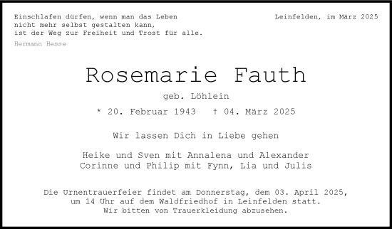 Traueranzeige von Rosemarie Fauth von Stuttgarter Zeitung / Stuttgarter Nachrichten