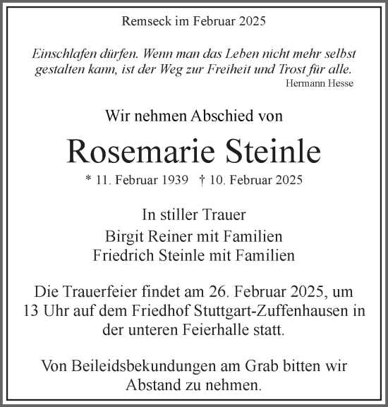 Traueranzeige von Rosemarie Steinle von Stuttgarter Zeitung / Stuttgarter Nachrichten