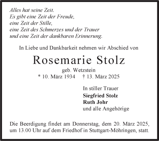 Traueranzeige von Rosemarie Stolz von Stuttgarter Zeitung / Stuttgarter Nachrichten