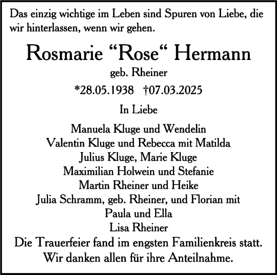 Traueranzeige von Rosmarie Hermann von Stuttgarter Zeitung / Stuttgarter Nachrichten