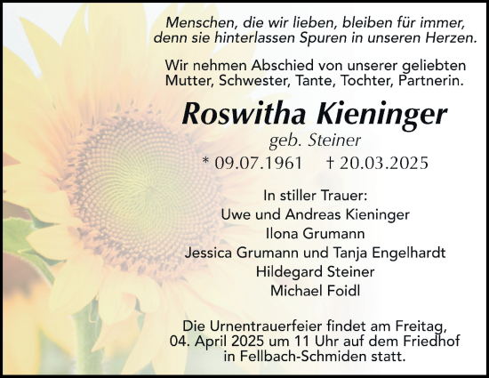 Traueranzeige von Roswitha Kieninger von Stuttgarter Zeitung / Stuttgarter Nachrichten