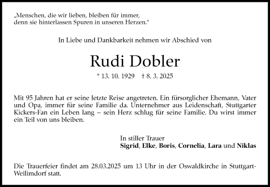 Traueranzeige von Rudi Dobler von Stuttgarter Zeitung / Stuttgarter Nachrichten