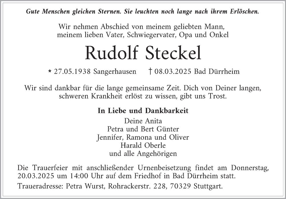  Traueranzeige für Rudolf Steckel vom 15.03.2025 aus Stuttgarter Zeitung / Stuttgarter Nachrichten