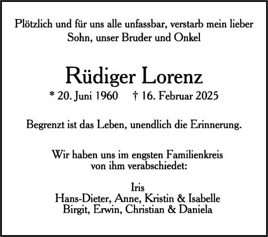 Traueranzeige von Rüdiger Lorenz von Stuttgarter Zeitung / Stuttgarter Nachrichten