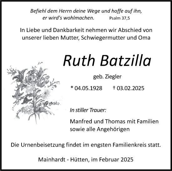 Traueranzeige von Ruth Batzilla von Stuttgarter Zeitung / Stuttgarter Nachrichten
