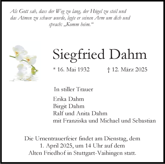 Traueranzeige von Siegfried Dahm von Stuttgarter Zeitung / Stuttgarter Nachrichten