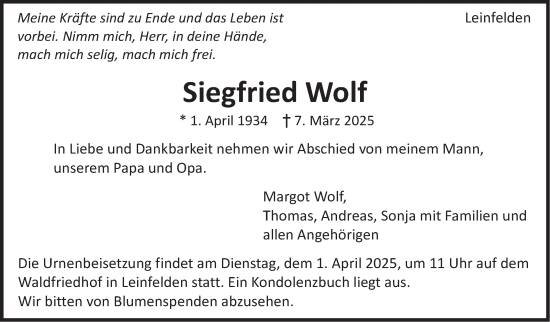 Traueranzeige von Siegfried Wolf von Stuttgarter Zeitung / Stuttgarter Nachrichten