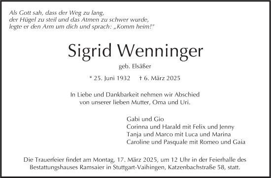 Traueranzeige von Sigrid Wenninger von Stuttgarter Zeitung / Stuttgarter Nachrichten