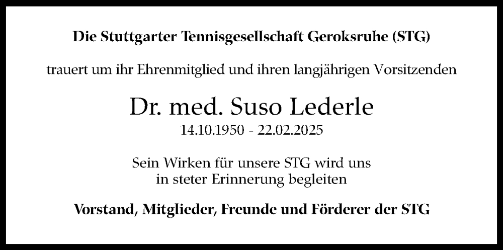  Traueranzeige für Suso Lederle vom 07.03.2025 aus Stuttgarter Zeitung / Stuttgarter Nachrichten