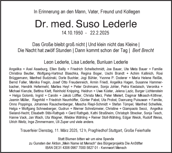 Traueranzeige von Suso Lederle von Stuttgarter Zeitung / Stuttgarter Nachrichten