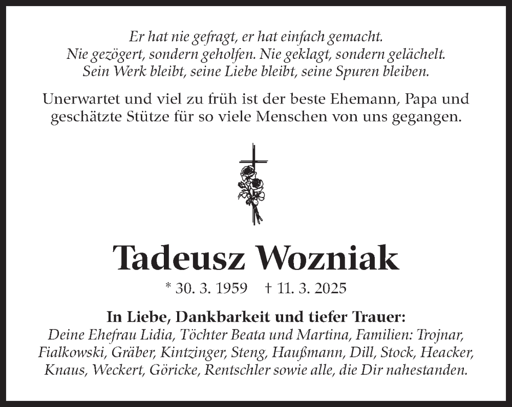  Traueranzeige für Tadeusz Wozniak vom 22.03.2025 aus Stuttgarter Zeitung / Stuttgarter Nachrichten