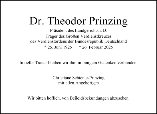 Traueranzeige von Theodor Prinzing von Stuttgarter Zeitung / Stuttgarter Nachrichten