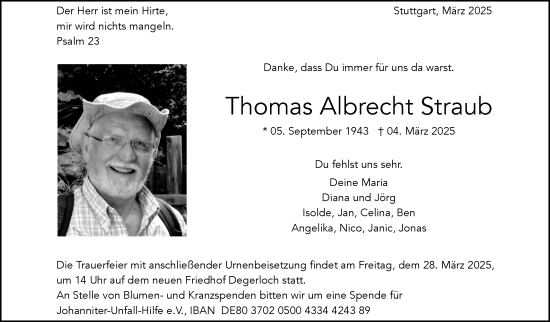 Traueranzeige von Thomas Albrecht Straub von Stuttgarter Zeitung / Stuttgarter Nachrichten