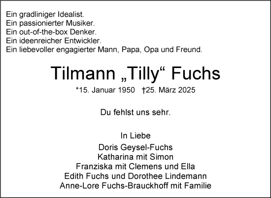 Traueranzeige von Tilmann Fuchs von Stuttgarter Zeitung / Stuttgarter Nachrichten