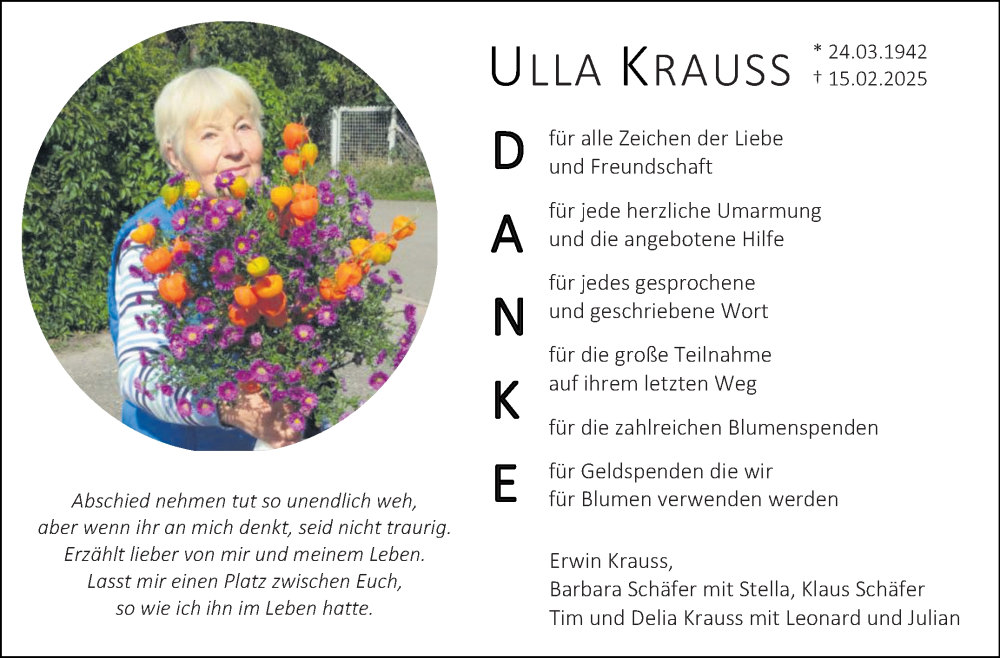  Traueranzeige für Ulla Krauss vom 15.03.2025 aus Stuttgarter Zeitung / Stuttgarter Nachrichten