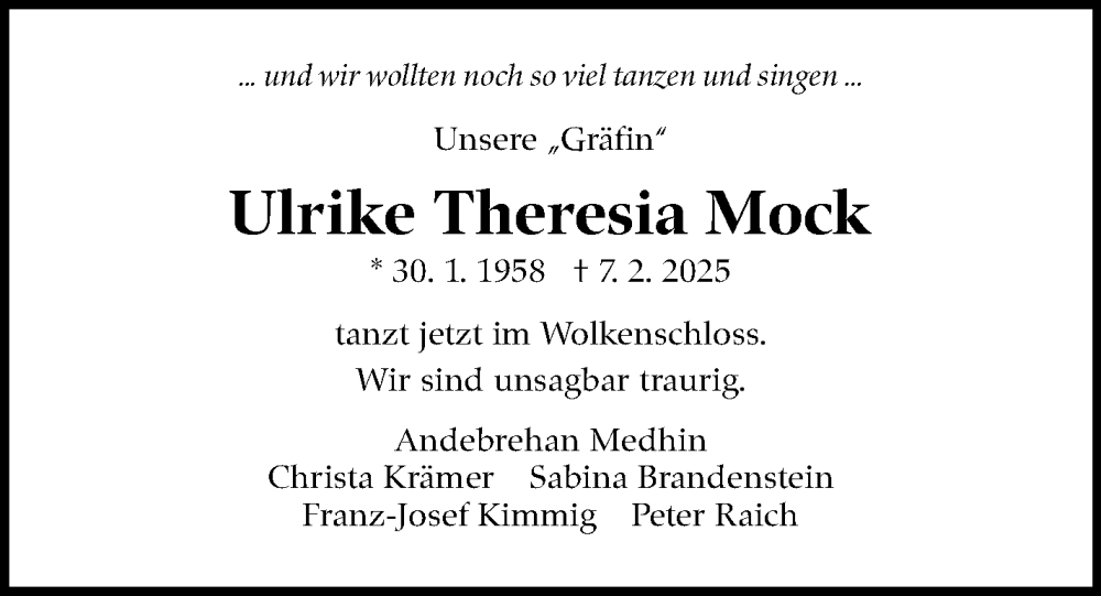  Traueranzeige für Ulrike Theresia Mock vom 22.02.2025 aus Stuttgarter Zeitung / Stuttgarter Nachrichten