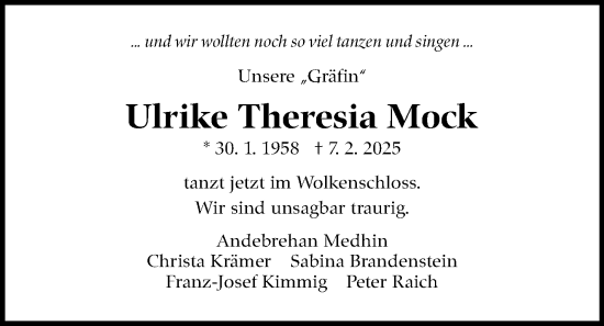 Traueranzeige von Ulrike Theresia Mock von Stuttgarter Zeitung / Stuttgarter Nachrichten