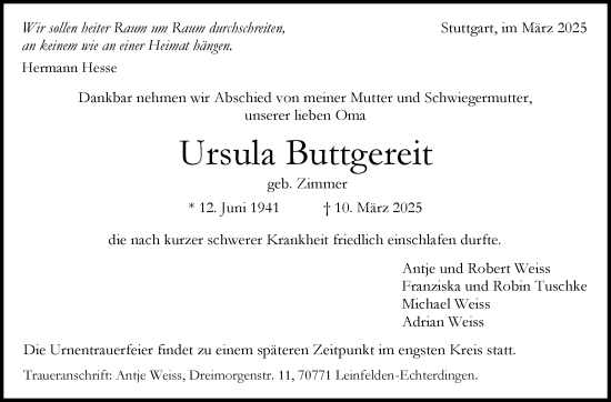 Traueranzeige von Ursula Buttgereit von Stuttgarter Zeitung / Stuttgarter Nachrichten