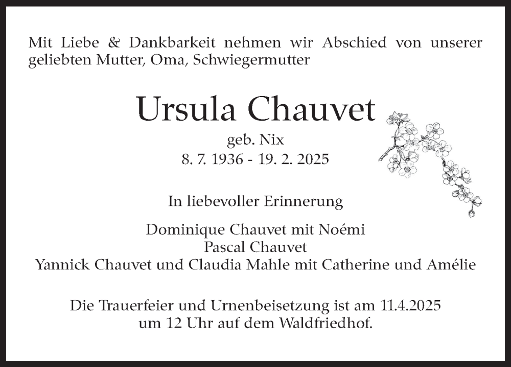  Traueranzeige für Ursula Chauvet vom 01.03.2025 aus Stuttgarter Zeitung / Stuttgarter Nachrichten