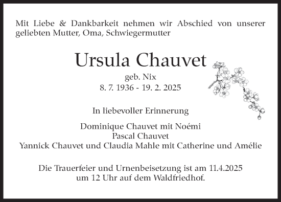 Traueranzeige von Ursula Chauvet von Stuttgarter Zeitung / Stuttgarter Nachrichten