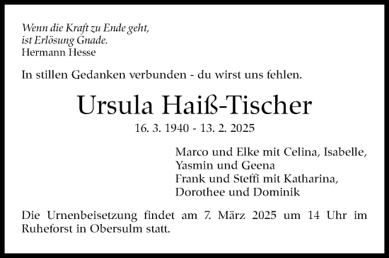 Traueranzeige von Ursula Haiß-Tischer von Stuttgarter Zeitung / Stuttgarter Nachrichten