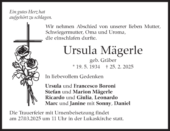 Traueranzeige von Ursula Mägerle von Stuttgarter Zeitung / Stuttgarter Nachrichten