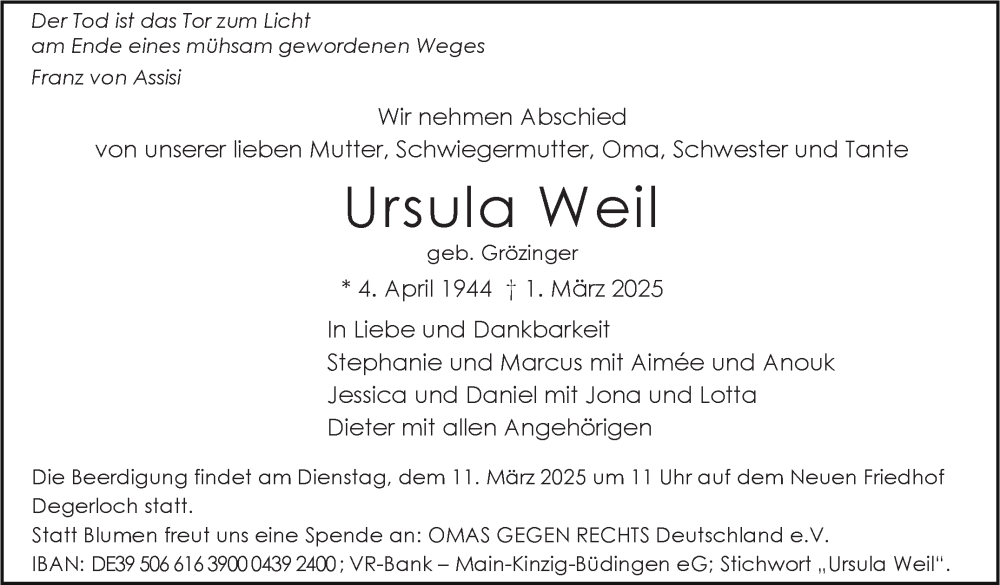  Traueranzeige für Ursula Weil vom 08.03.2025 aus Stuttgarter Zeitung / Stuttgarter Nachrichten