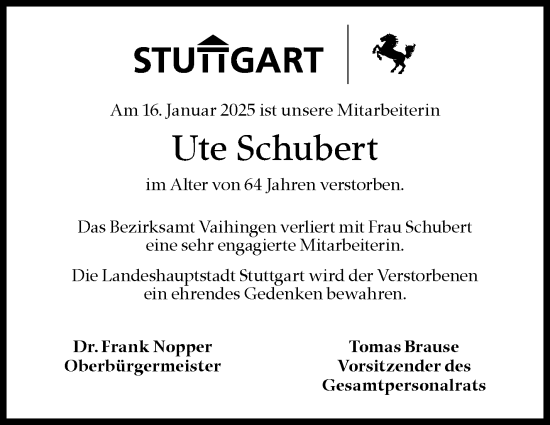Traueranzeige von Ute Schubert von Stuttgarter Zeitung / Stuttgarter Nachrichten