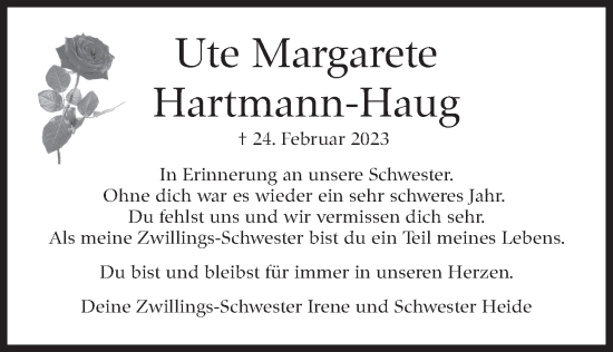 Traueranzeige von Ute Margarete Hartmann-Haug von Stuttgarter Zeitung / Stuttgarter Nachrichten