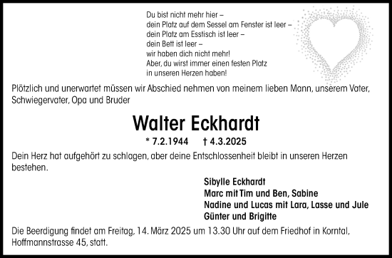 Traueranzeige von Walter Eckhardt von Stuttgarter Zeitung / Stuttgarter Nachrichten