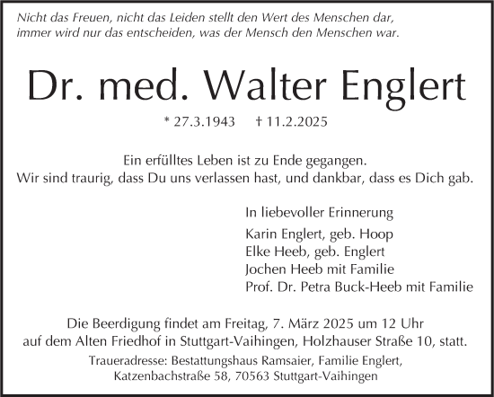 Traueranzeige von Walter Englert von Stuttgarter Zeitung / Stuttgarter Nachrichten