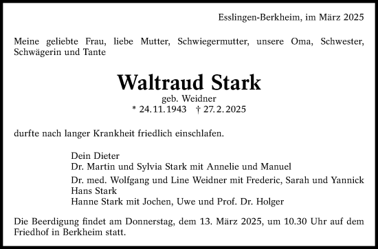 Traueranzeige von Waltraud Stark von Stuttgarter Zeitung / Stuttgarter Nachrichten