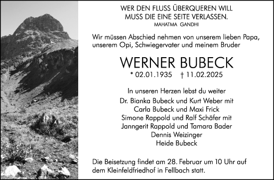 Traueranzeige von Werner Bubeck von Stuttgarter Zeitung / Stuttgarter Nachrichten