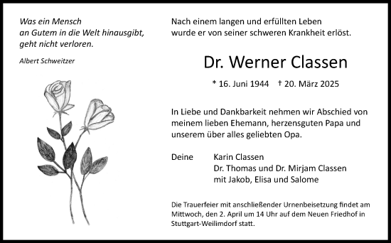 Traueranzeige von Werner Classen von Stuttgarter Zeitung / Stuttgarter Nachrichten